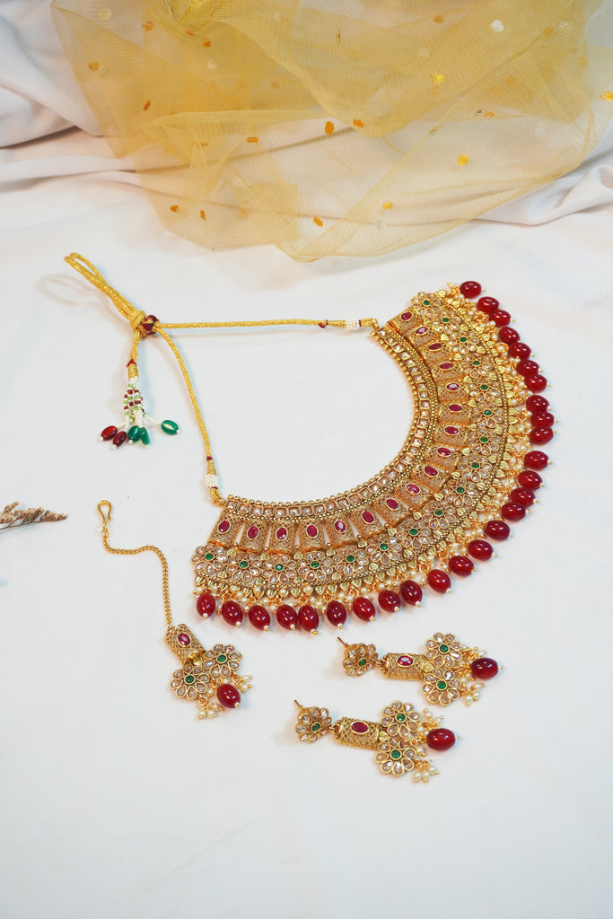 24k Gold Plated Red Pearl Choker Necklace Set - Red Pearl Necklace Earring Set