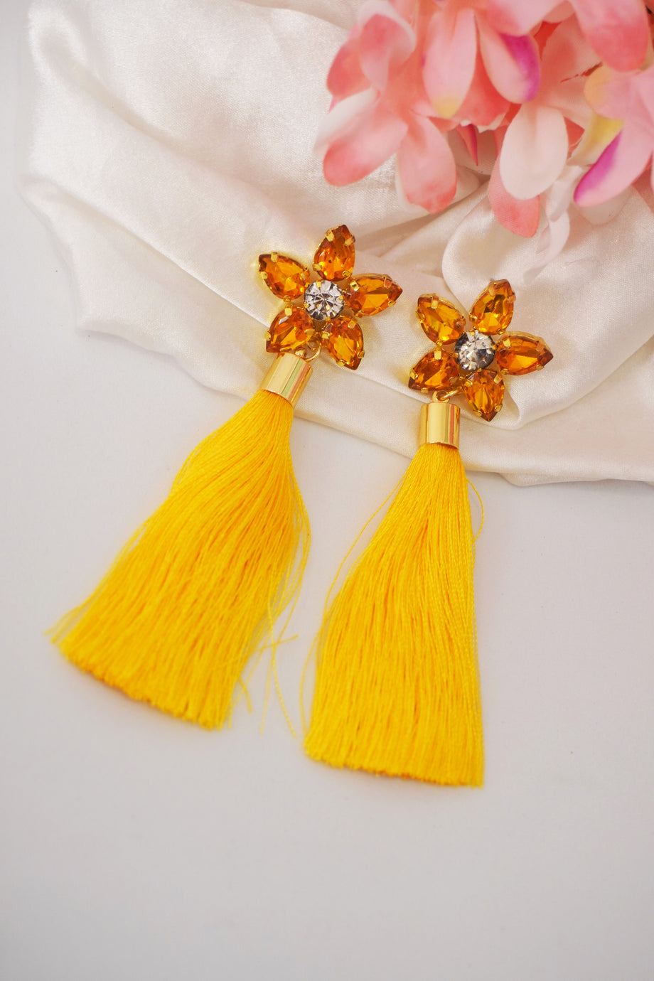 Yellow Meenakari Work Floral Chandbali Traditional Dangler Earrings with  Crystals and Beads
