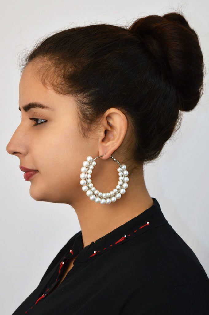 White Pearl Designer Hoops Earring - Trendy Earrings