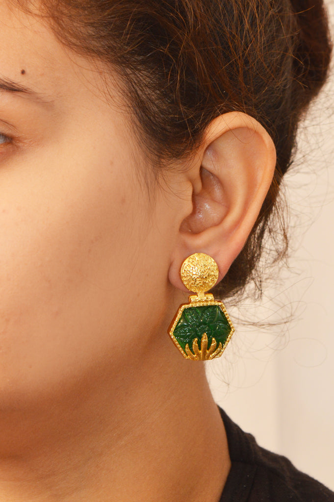 Handcrafted Gold Plated Deep Green Stone Earring