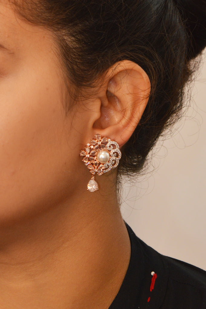 White Pearl Zircon Rose Gold Earring