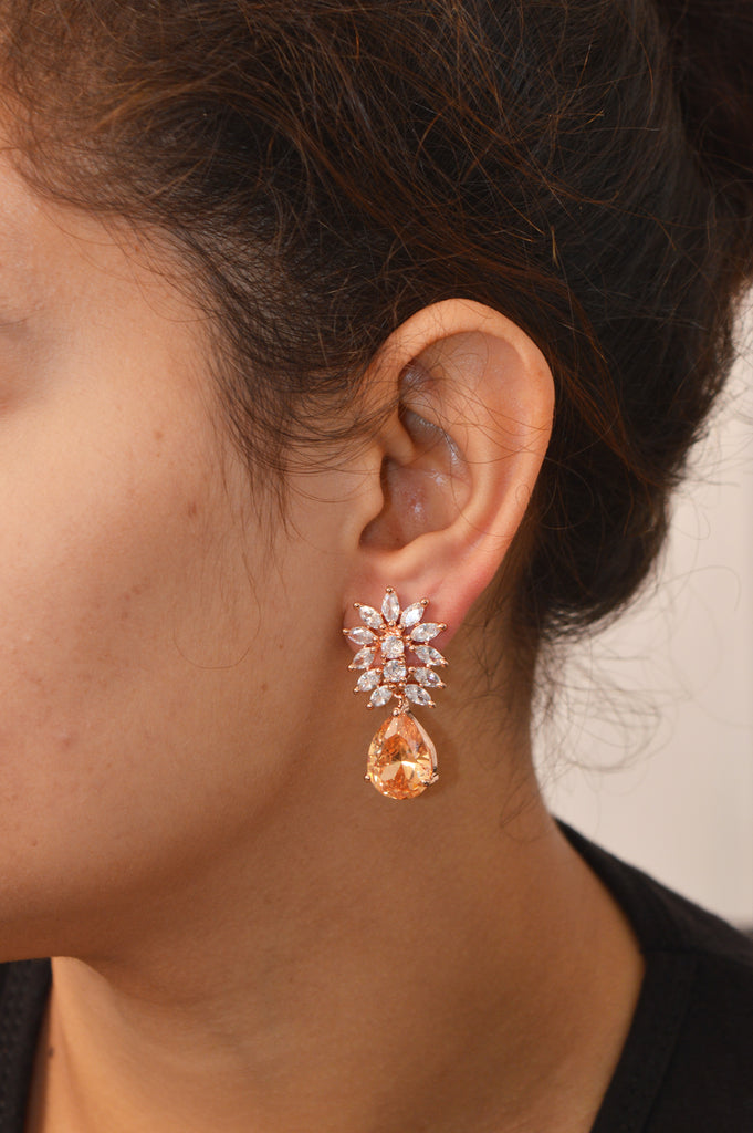 Designer Orange Stone Studded American Diamond Earring - Fashion Earrings Online
