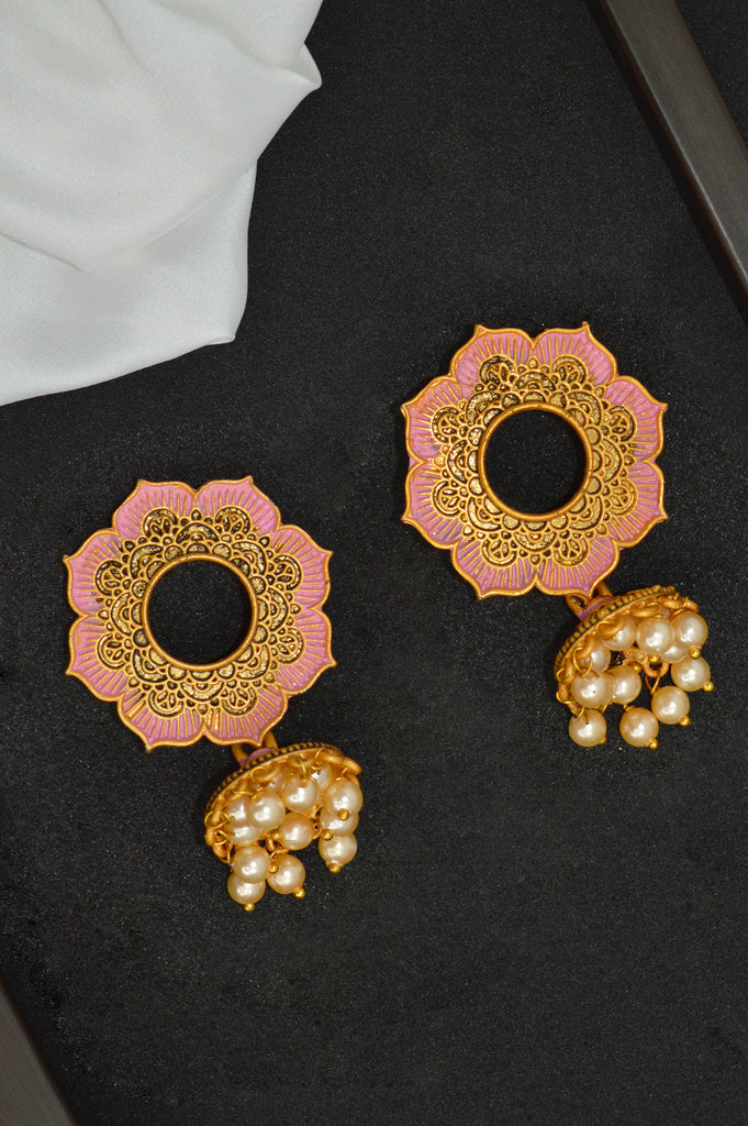 Matte Pink Lotus Jhumka Earrings