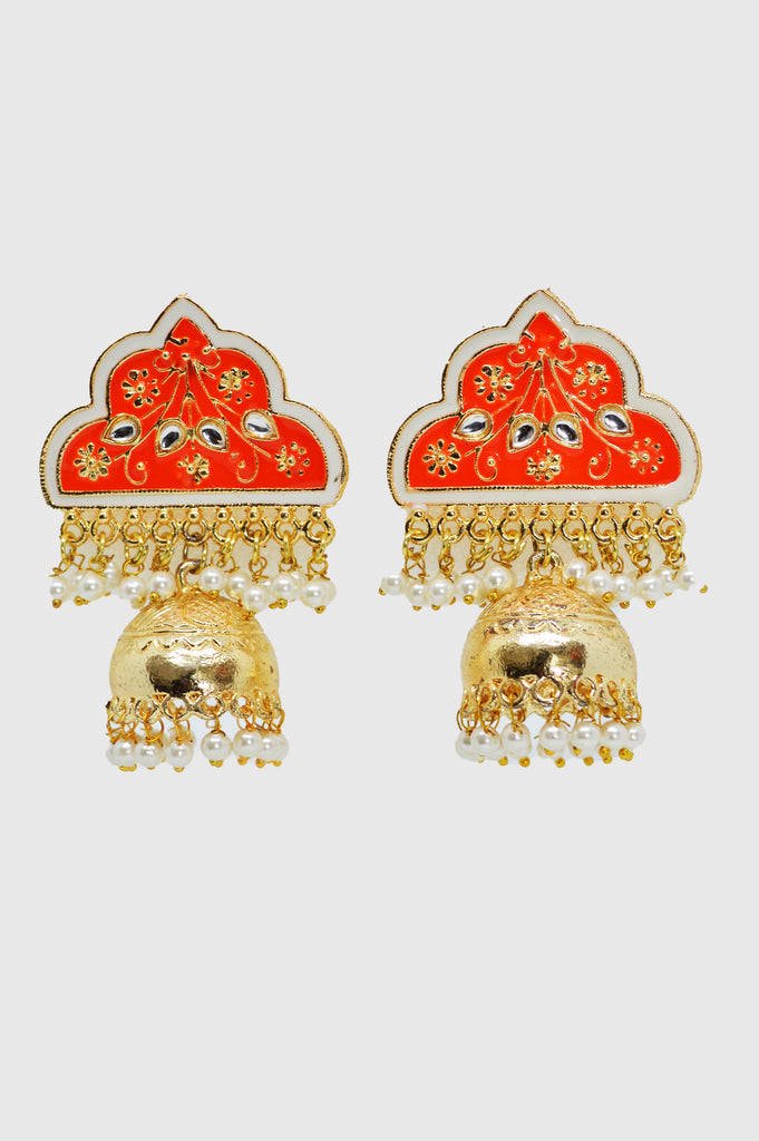 Bright Orange Meenakari Jhumka Earrings - Earrings for women
