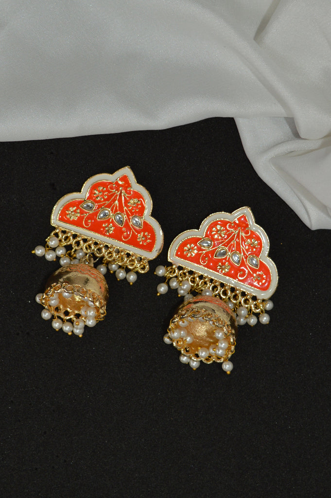 Bright Orange Meenakari Jhumka Earrings - Stylish Earrings for girls