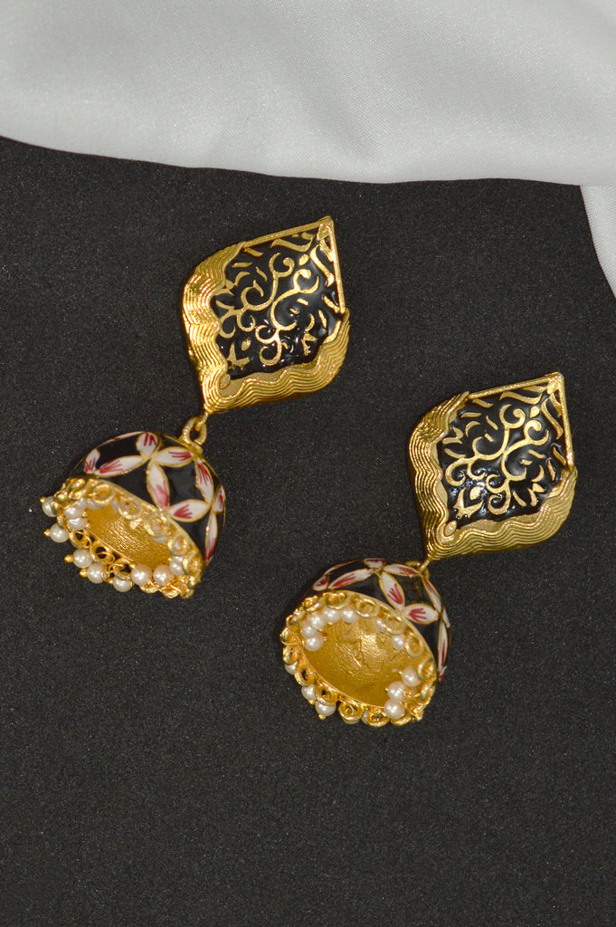 Black and Gold Jhumka Earrings - gold plated jhumka