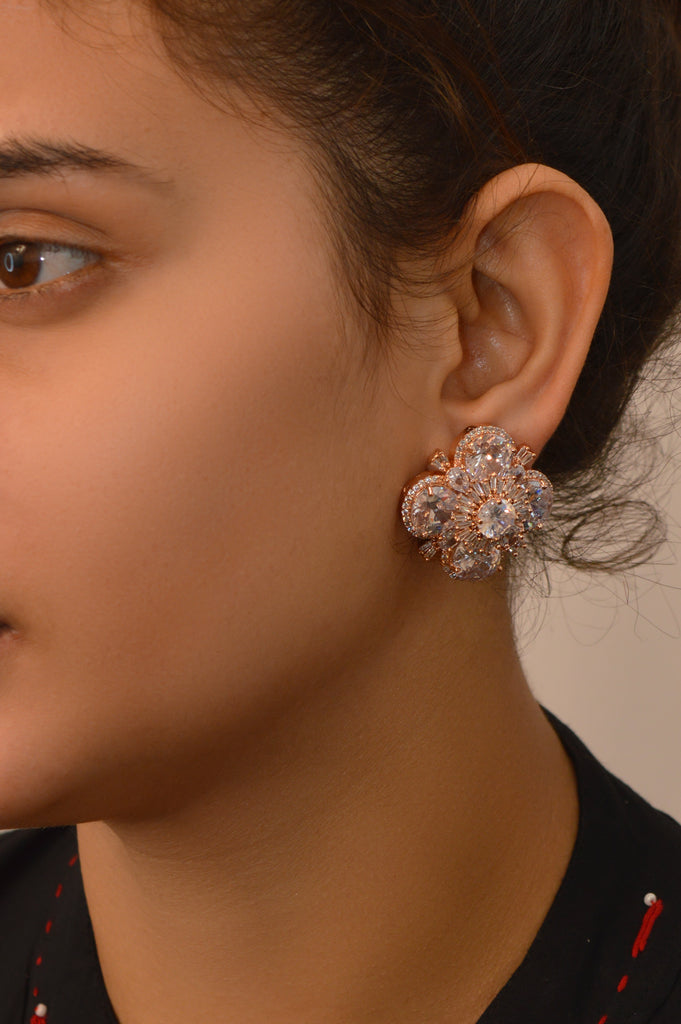Flower Shaped American Diamond Gold Plated Earring - Fashion Earrings Online