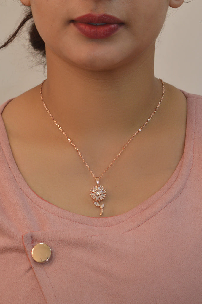 Zircon Sunflower Rose Gold Plated Pendant - Gold Chain with Pendant