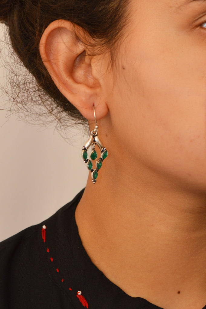 Green Stone Studded Silver Oxidized Dangler Earring