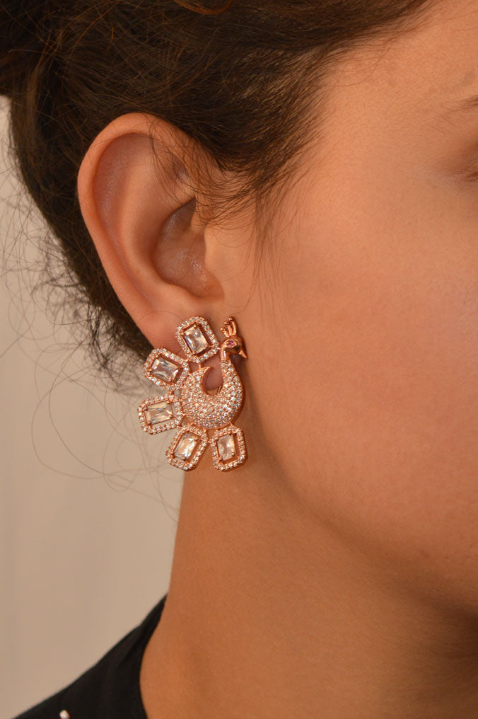 Dancing Peacock Rose Gold Plated American Diamond Studded Earring