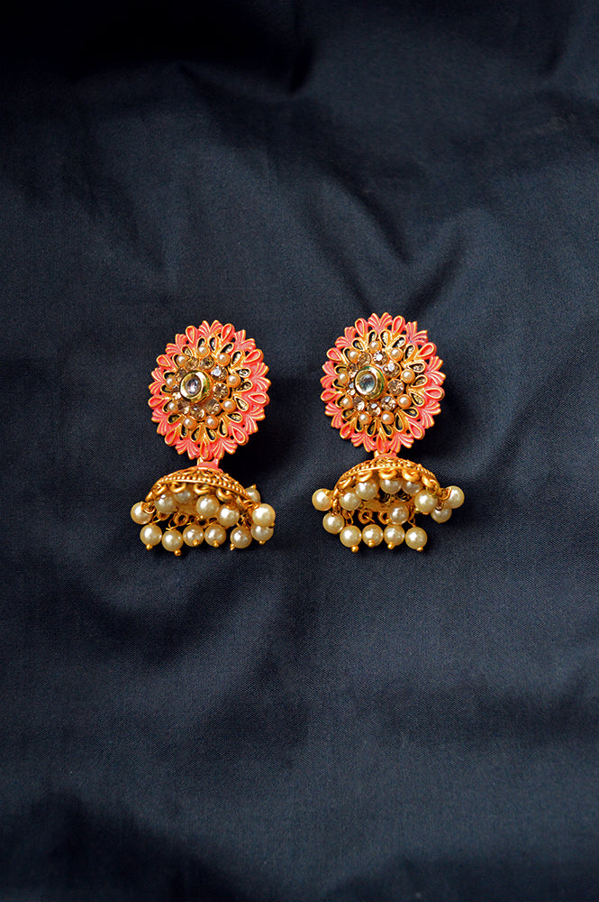 Matt Peach Colour Jhumki with Kundan Stone Earrings for Women - Niscka
