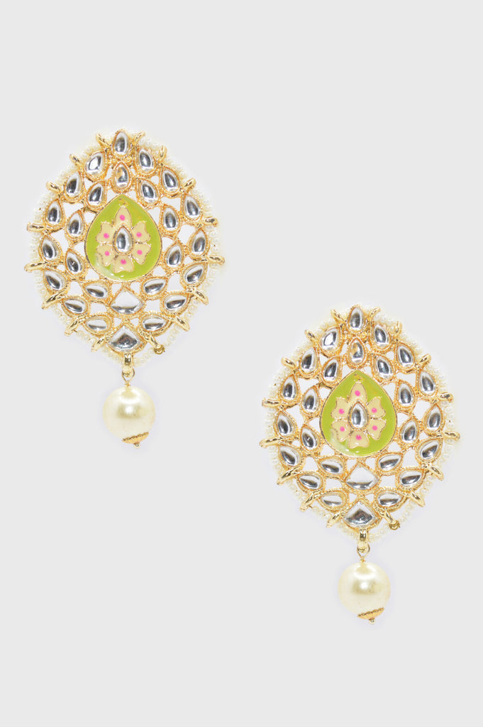 Meenakari Green & Gold Oval Shape Stud Earrings for Women
