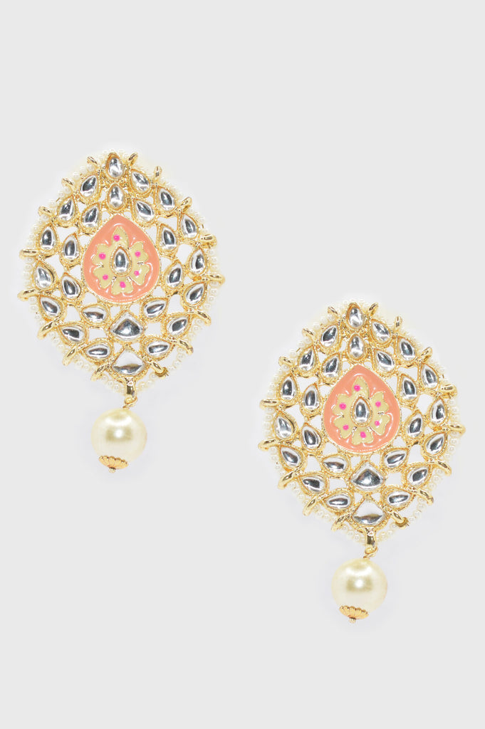 Meenakari Pink & Gold Oval Shape Stud Earrings Online - Niscka