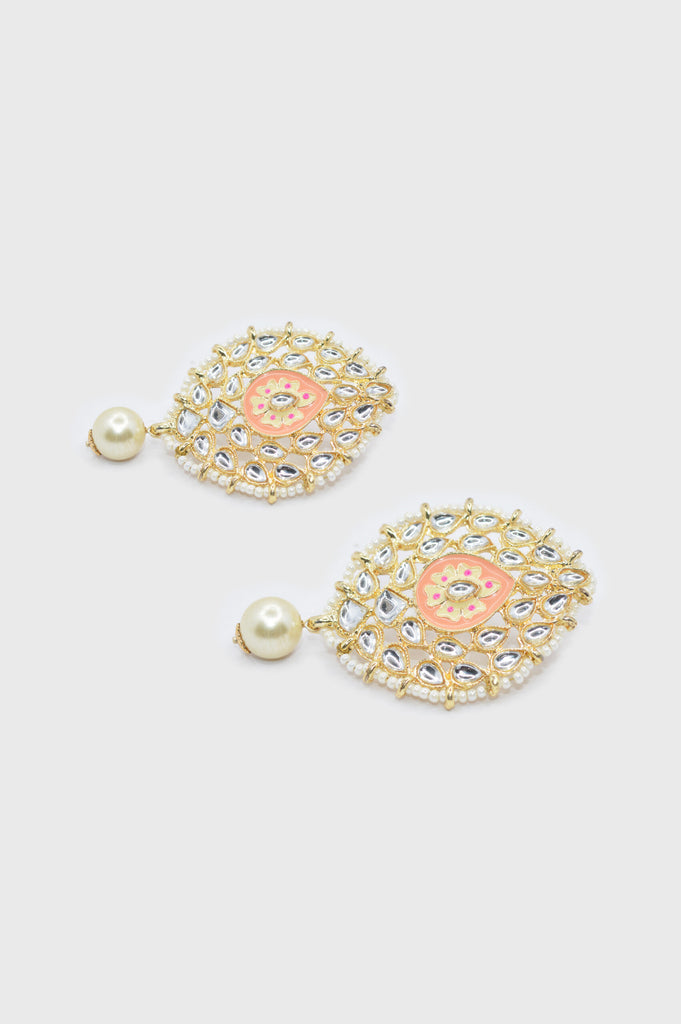 Meenakari Pink & Gold Oval Shape Stud Earrings - Niscka