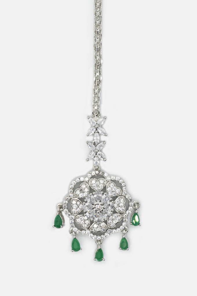 American Diamond Green Stones Handcrafted Silver Plated Maangtikka - Buy Maang Tikka Products Online in India
