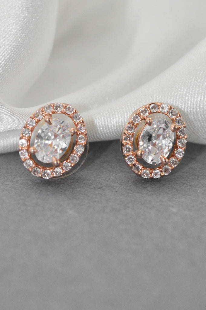 American Diamond Rose Gold Plated Oval Shaped Stone Stud Earring - Earrings for girls - Earrings for girls under 1000