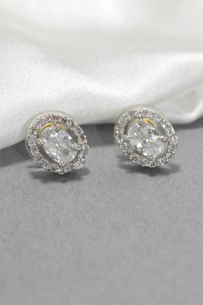 American Diamond Silver Plated Oval Shaped Stone Stud Earring - Earrings for Girls - Fashion Earrings online