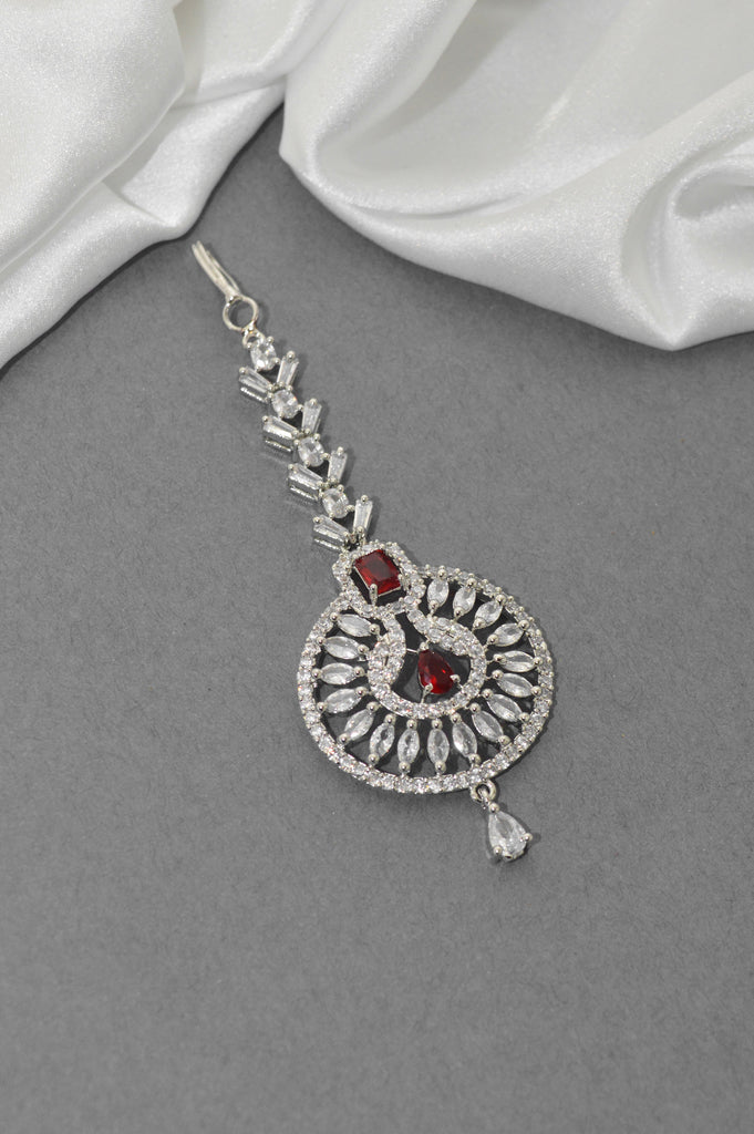 Stylish Red Stone American Diamond Silver Plated Maangtikka for Women - Niscka 