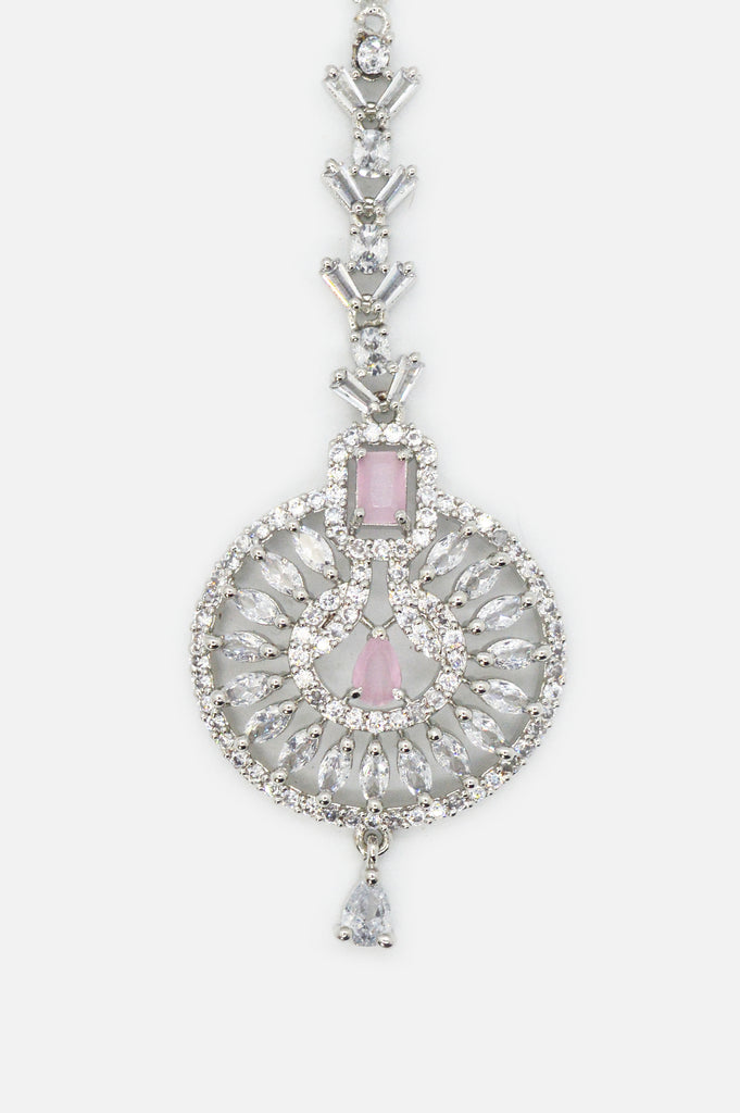 Stylish Pink Stone American Diamond Silver Plated Maangtikka Online - Buy Maang Tikka at Best Price
