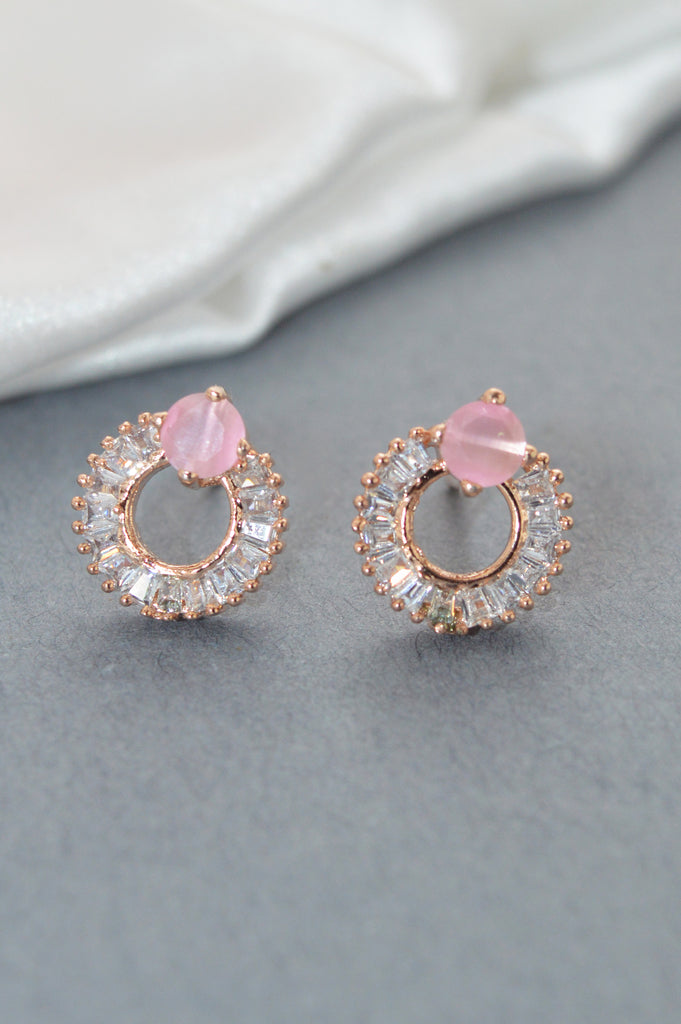 American Diamond Pink Stone Rose Gold Plated Earring - Earring design - Stylish Earrings - 