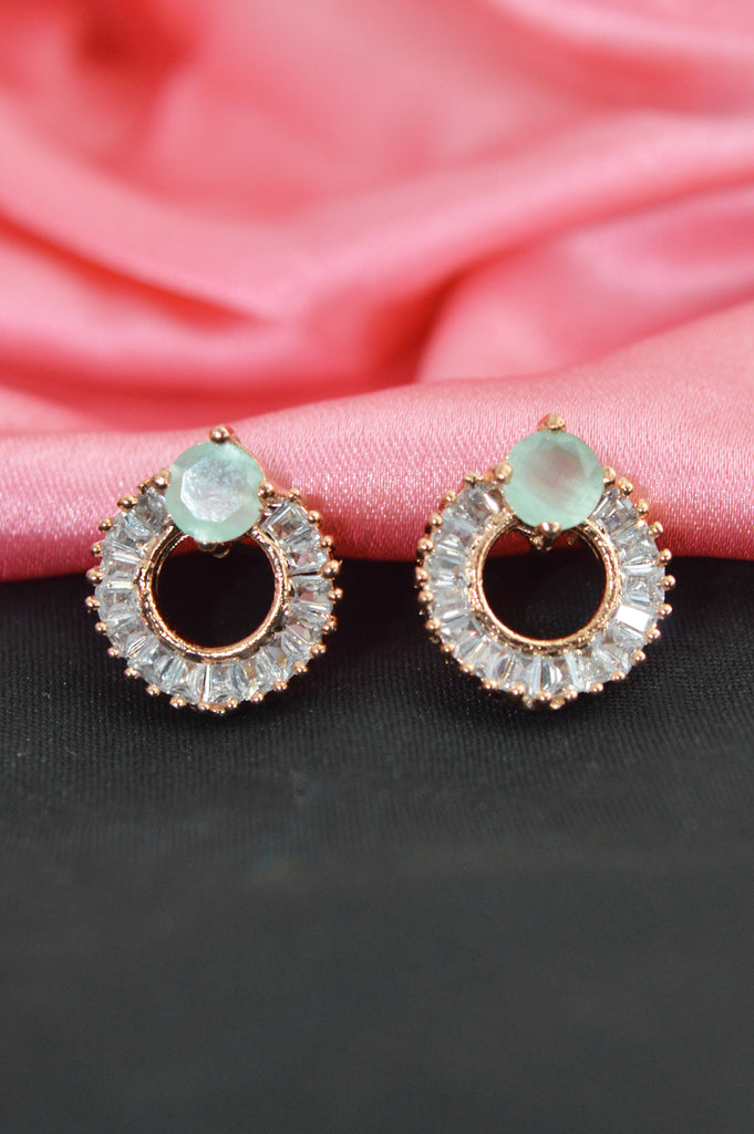 American Diamond Rose Gold Plated Cyan Color Stone Studded Earring - Stud Earrings - ‎Gold Earrings 
