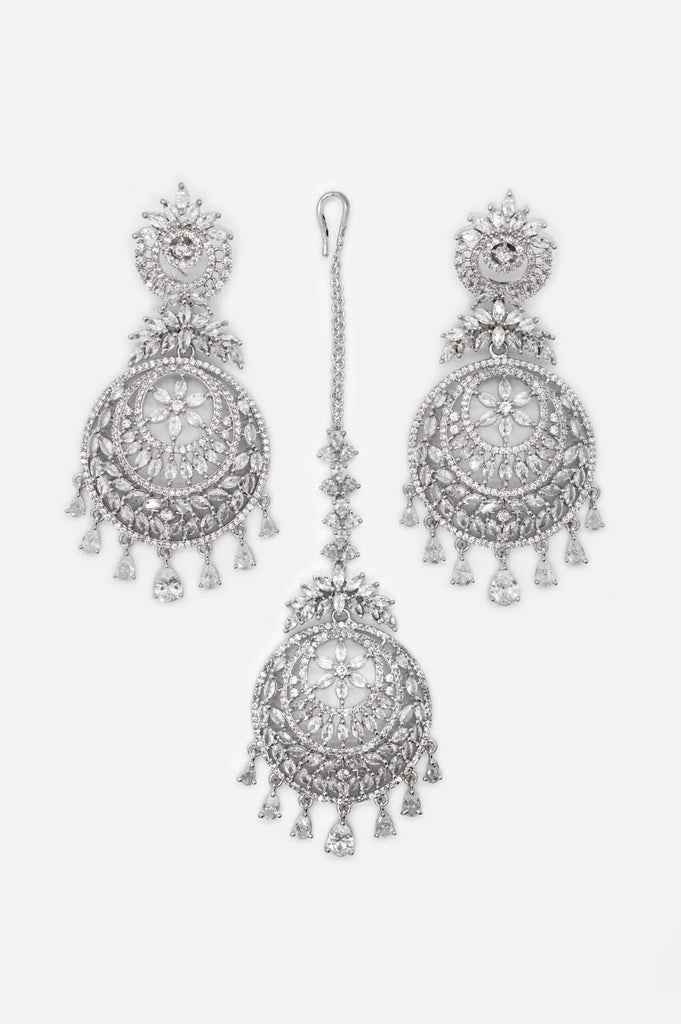 American Diamond Silver Plated Earrings with Maangtikka - Niscka