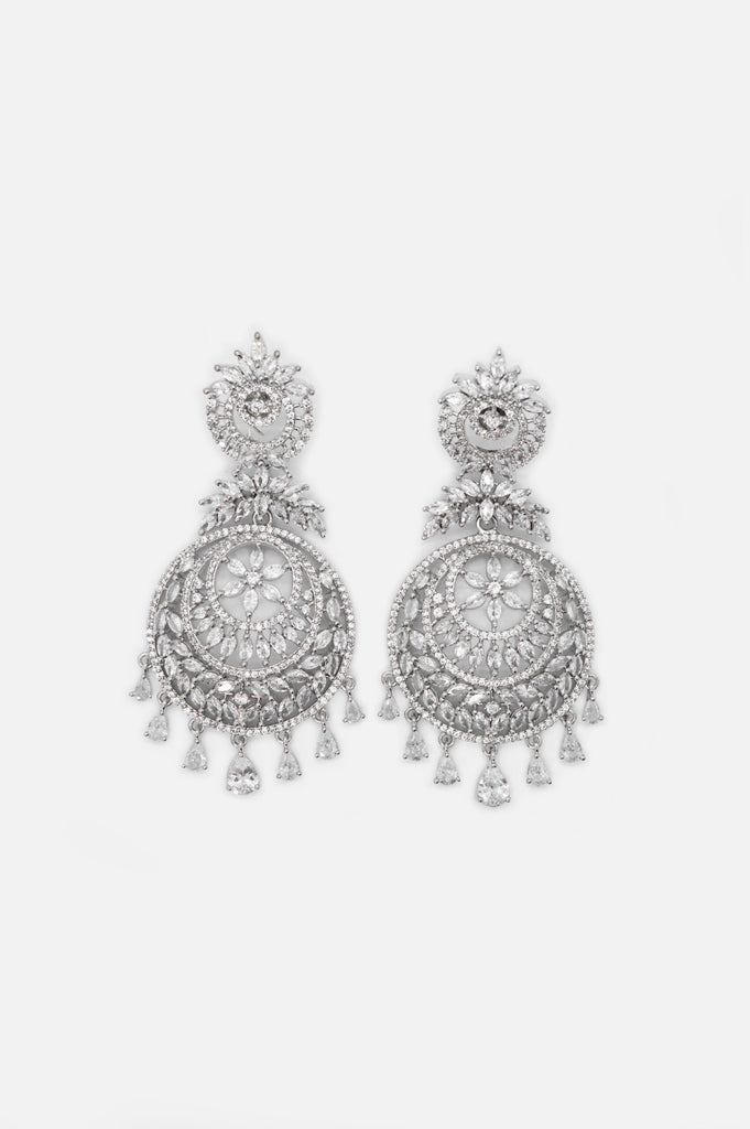 American Diamond Silver Plated Beautiful Earrings With Maangtikka - Niscka