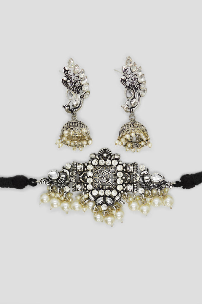 Choker Necklace with Jhumkas Silver Oxidised - Jhumka Earrings 