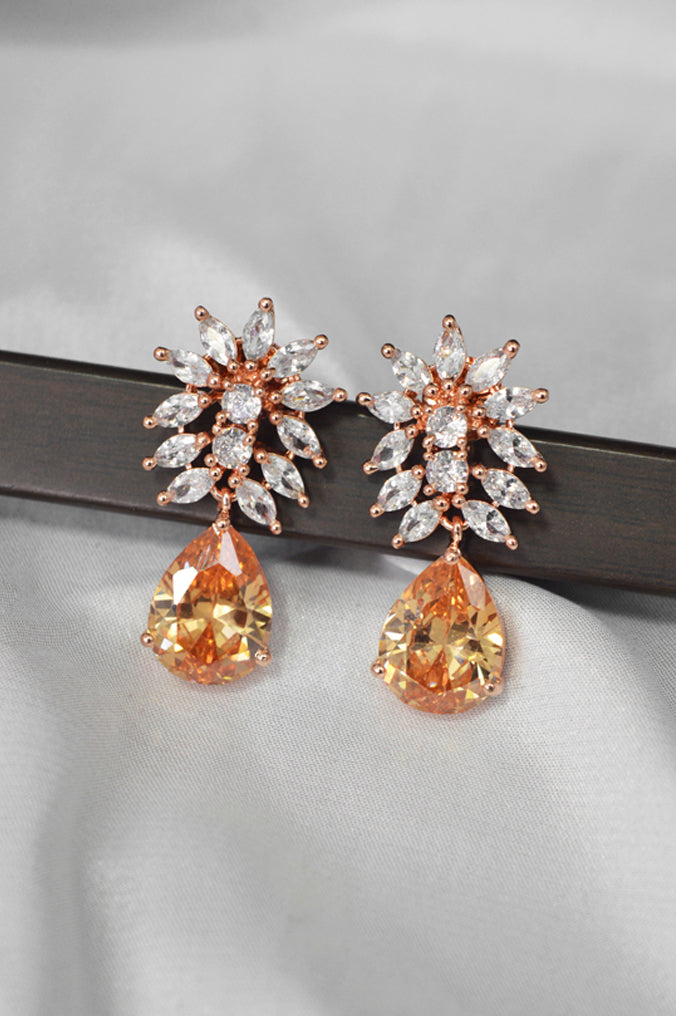 Designer Orange Stone Studded American Diamond Earring For Women - Niscka 