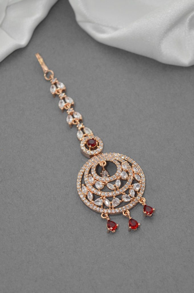 American Diamond Rose Gold Plated Red Stones Studded Maangtikka for Women - Latest Maang tikka