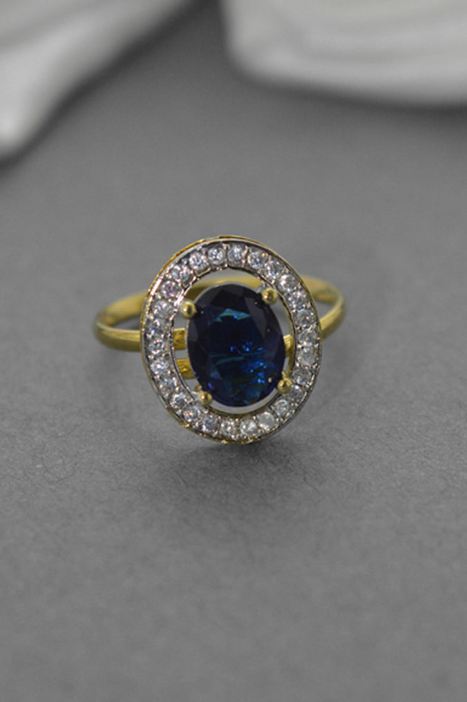 American Diamond Gold Plated with Blue Stone Studded Ring - Big Finger rings online - Stylish Rings for girls
