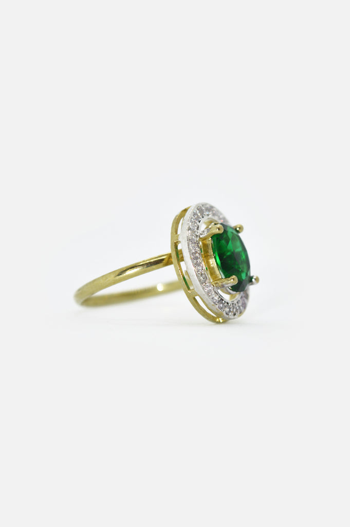 American Diamond Gold Plated with Green Stone Studded Ring - Diamond Studded Green Stone Rings