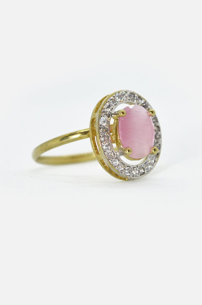 American Diamond Gold Plated with Baby Pink Stone Studded Ring - Diamond Studded Gold Rings - Traditional Gold Fancy Studded Ring