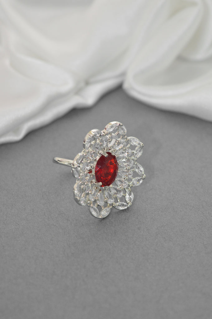 Stylish American Diamond Flower Shapped with Red Stone Ring