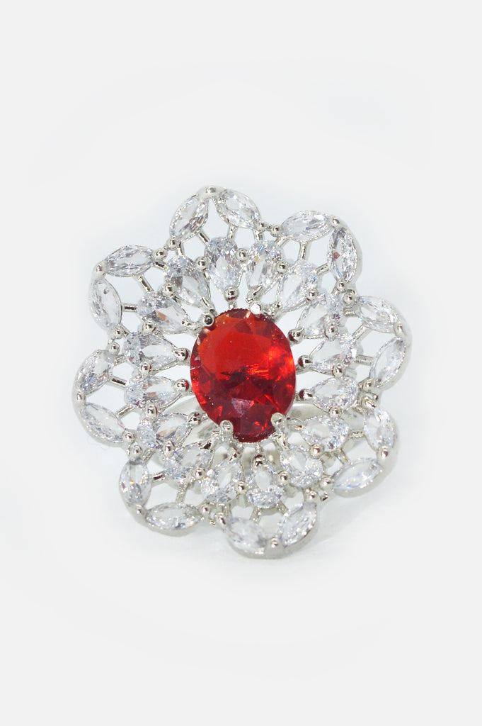 Stylish American Diamond Flower Shapped with Red Stone Studded Ring Online