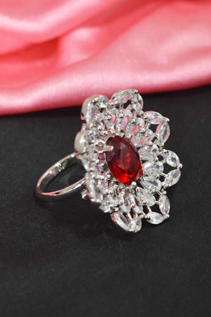 Stylish American Diamond Flower Shapped with Red Stone Studded Ring - Niscka
