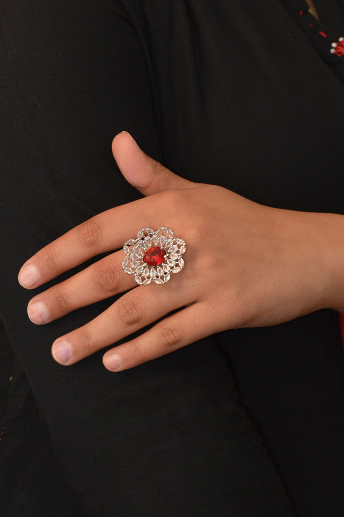 Stylish American Diamond Flower Shapped with Red Stone Studded Ring for Women
