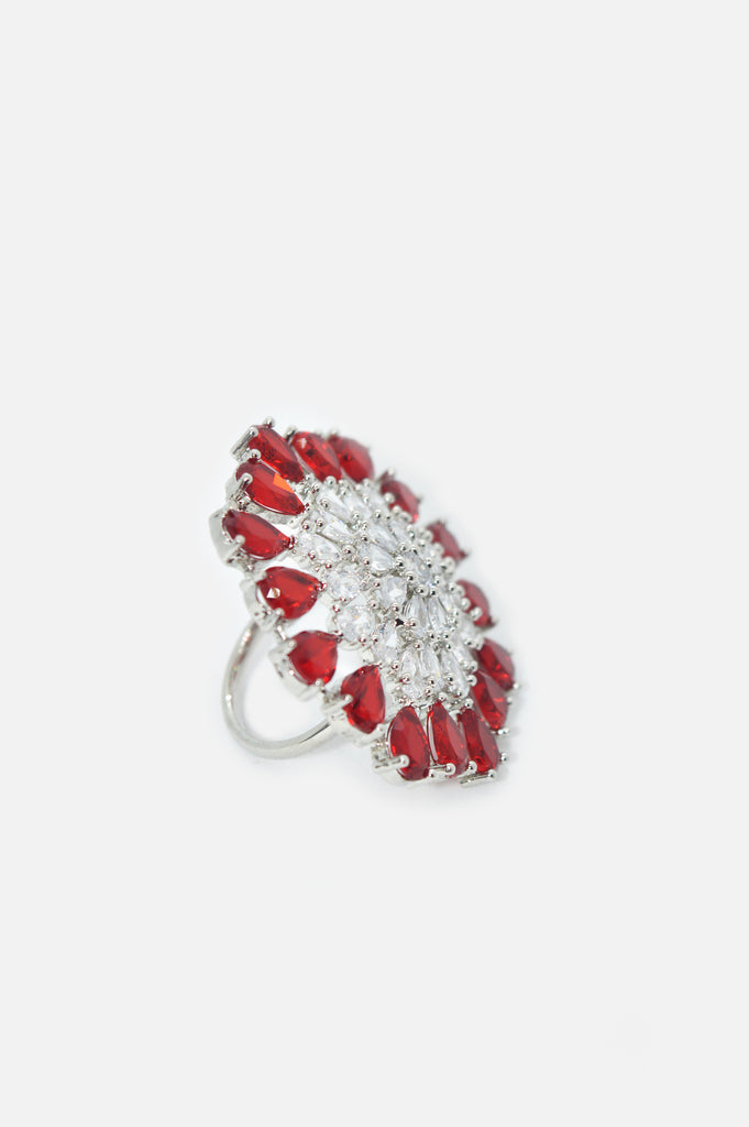 Stylish American Diamond Silver Plated with Red Stones Handcrafted Ring for Women