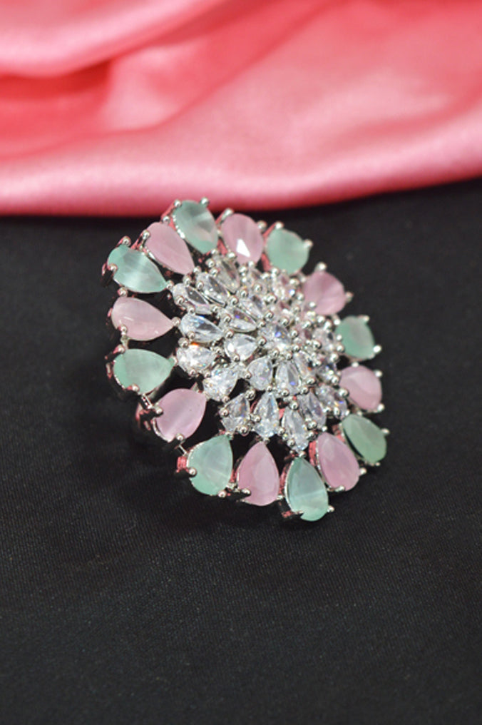 Stylish American Diamond Silver Plated with Pink/Lime Stones Handcrafted Ring - Niscka