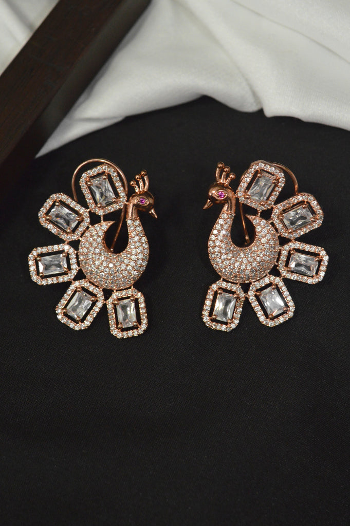 Dancing Peacock Rose Gold Plated American Diamond Studded Earring - Artificial American Diamond earrings online