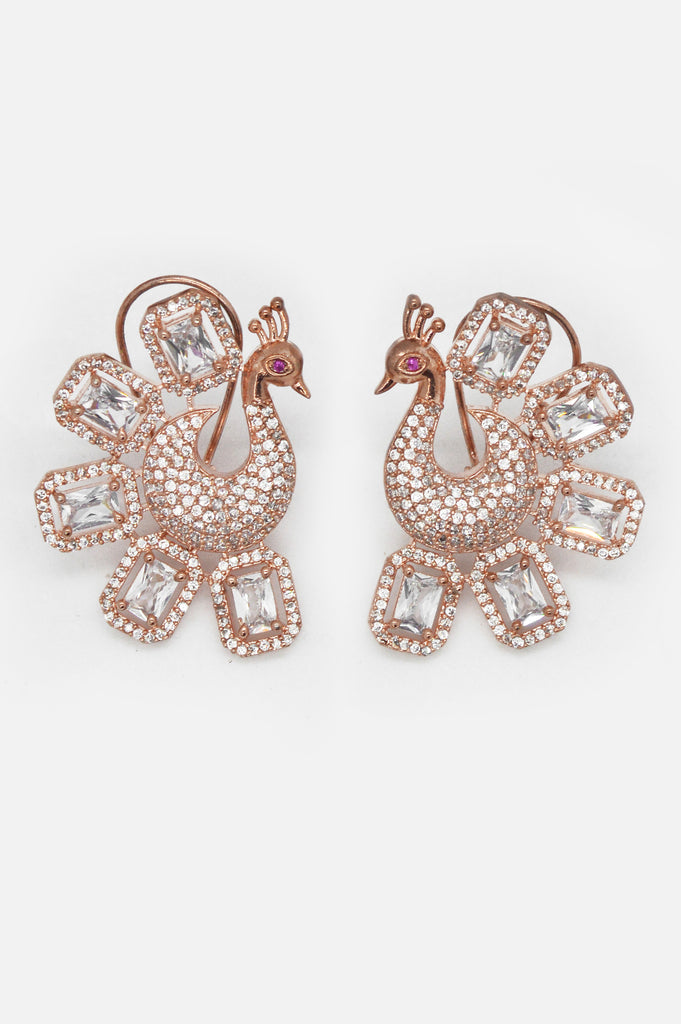 Dancing Peacock Rose Gold Plated American Diamond Studded Earring - American Diamond Earrings with price
