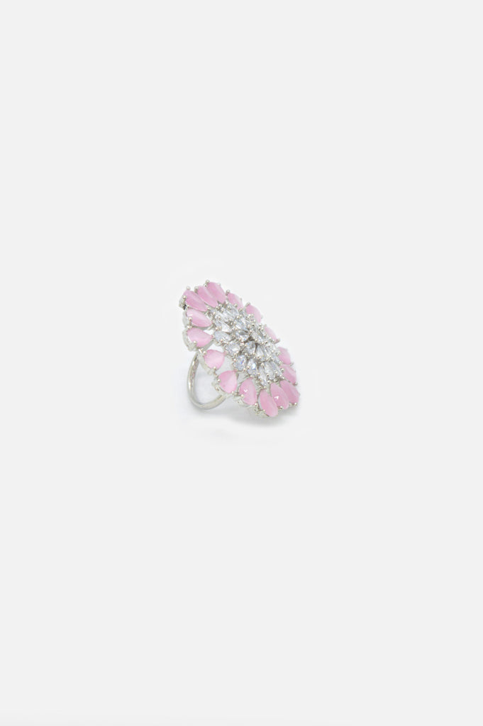 Stylish American Diamond Silver Plated with Pink Stones Handcrafted Ring Online