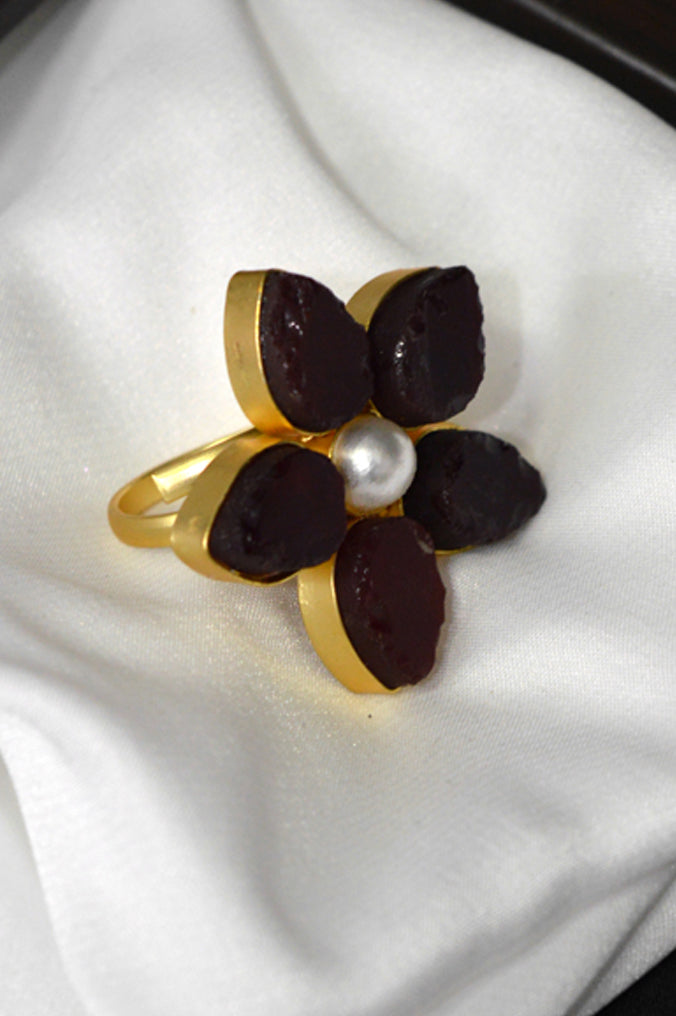Handcrafted Carmine Stones Studded Pearl Ring - Pearl Ring Design