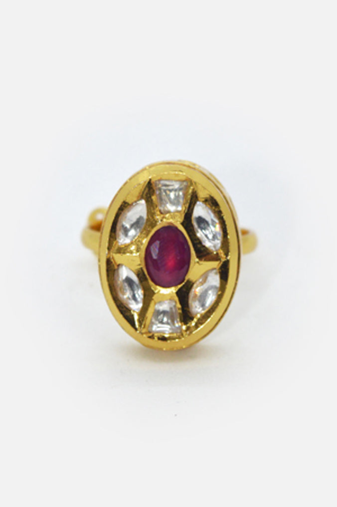 Gold Plated Adjustable Oval Kundan Ring ( Pink ) for Women - Niscka