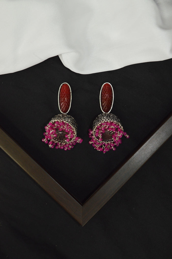 Oxidized Swanky Jhumki Red Colour Earrings - Niscka