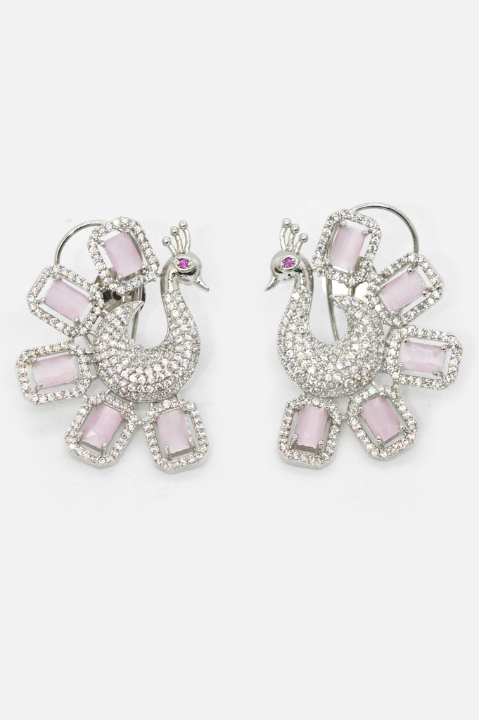 Dancing Peacock Rhodium Plated Pink Stone Studded Earring - New Design Ear ring