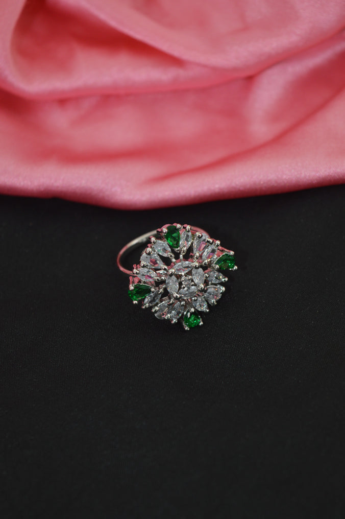 American Diamond Zirconia Stone Studded Ring (Green) - Niscka