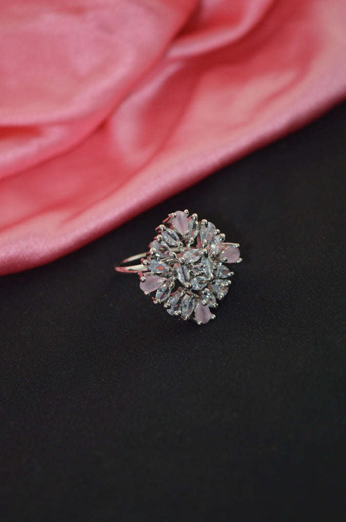 American Diamond Zirconia Stone Studded Ring (Pink) - Niscka
