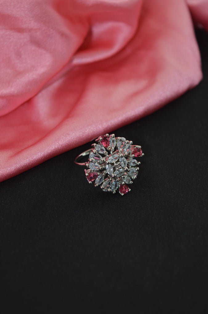 American Diamond Zirconia Stone Studded Ring (Red) - Niscka