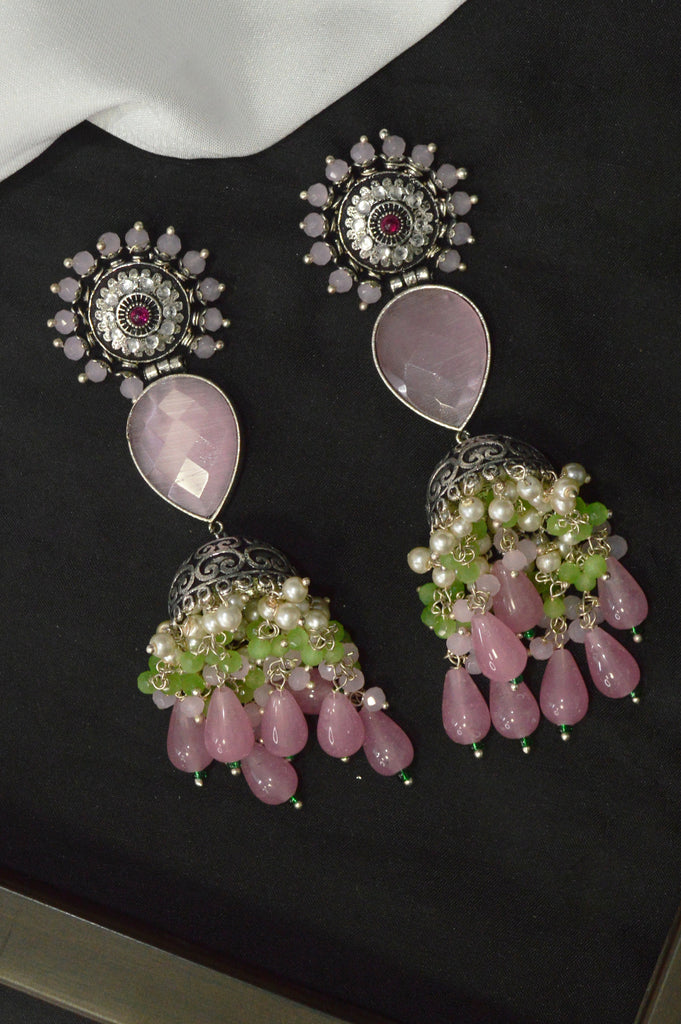 Carnation Pink Oxidized Jhumki Earring - Artificial Jhumka Design Images